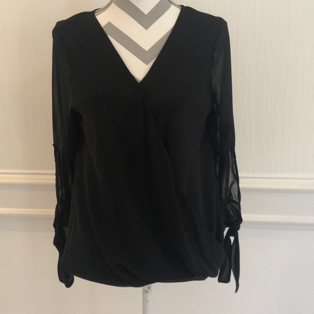 Sheer Women's Tie Sleeve Black Blouse V Neck Faux Wrap Top Size Medium